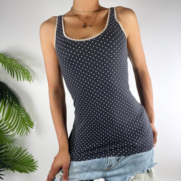 Vintage Y2K Gray Polka Dot Dark Coquette Twee Casual Fitted Tank Top / Small - Picture 1 of 6